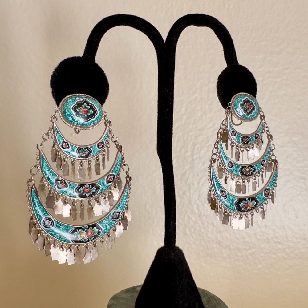 Vtg Boho Chic Sterling Hand Painted Porcelain Chandelier Earrings Screwback